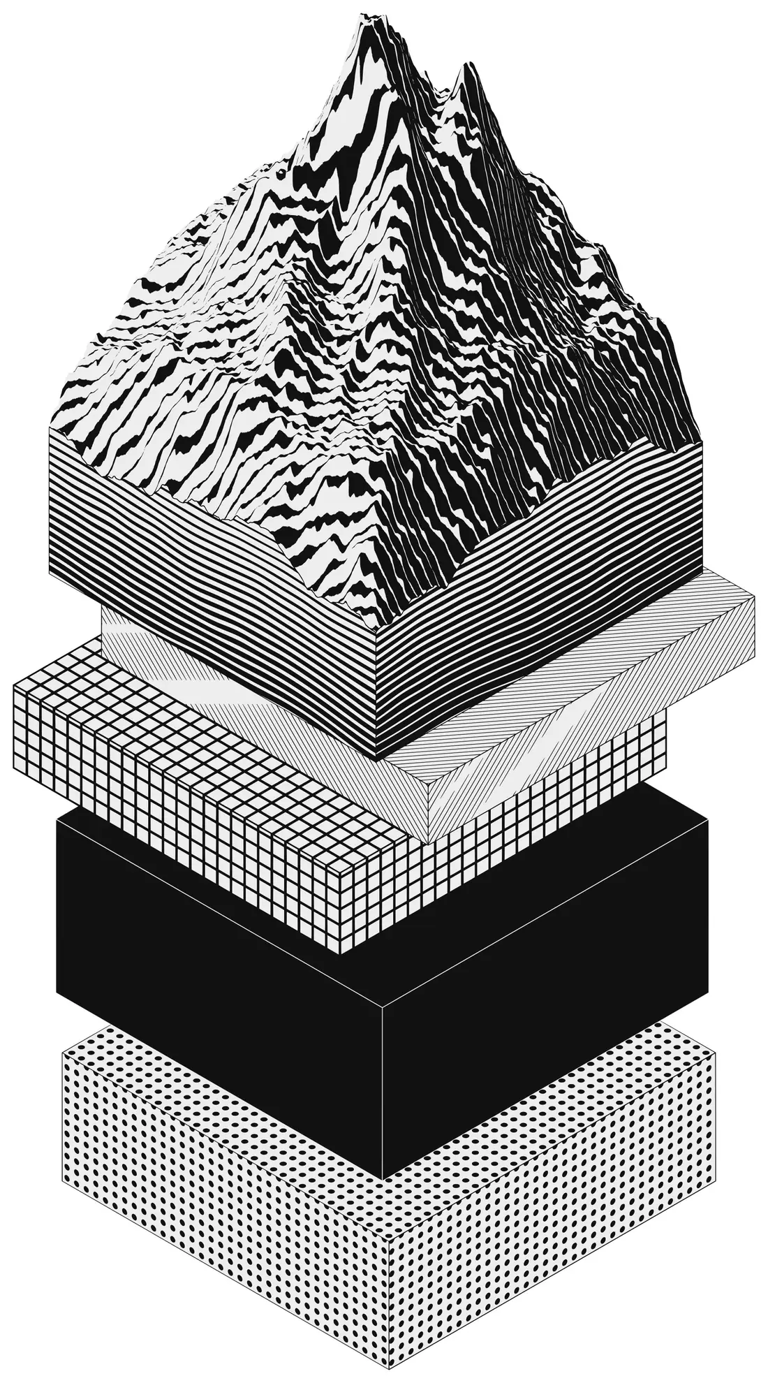 Bodies, Changed. key visual: a mountain resting on a stack of patterned slabs