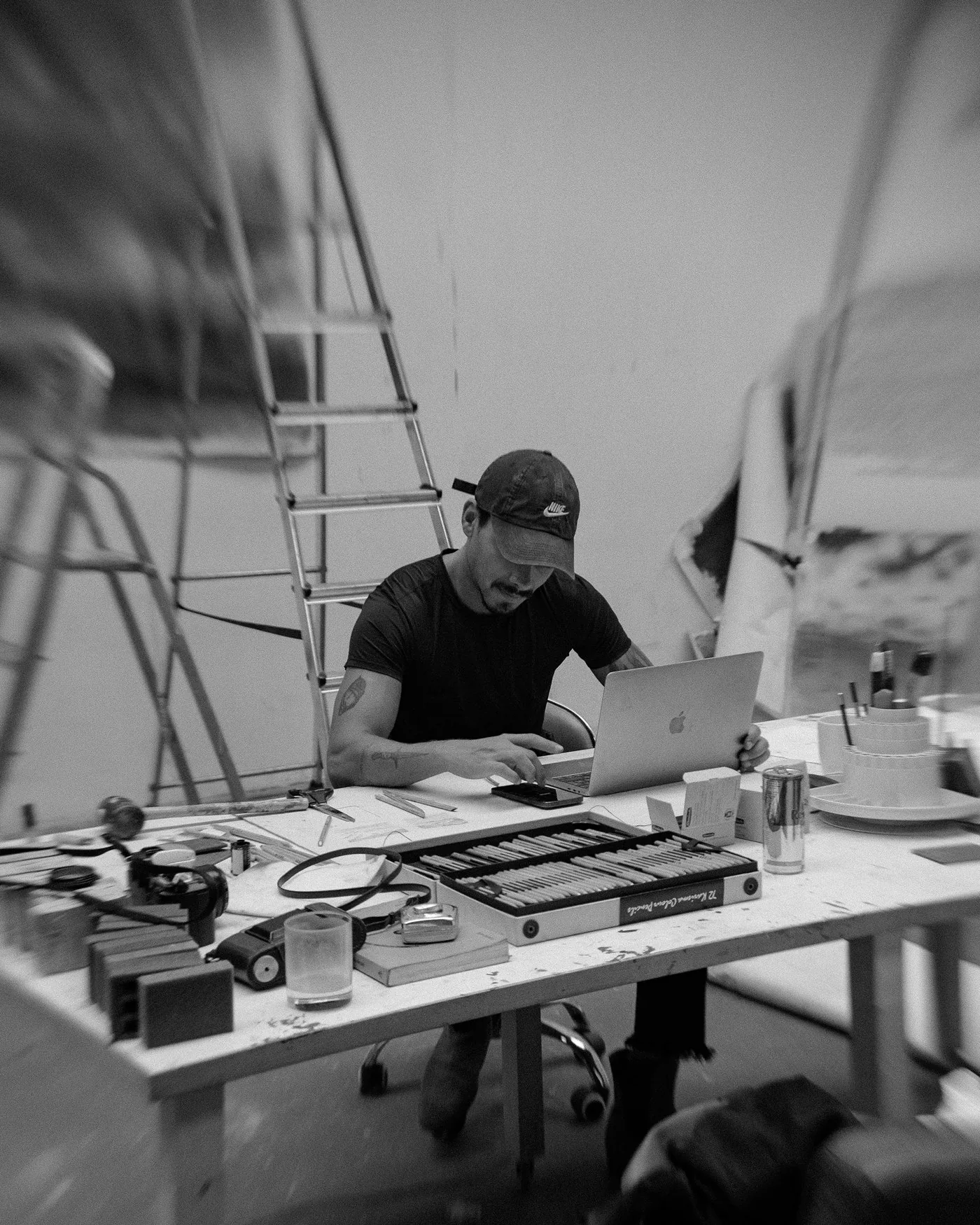 Yuri Leal at his worktable in the studio