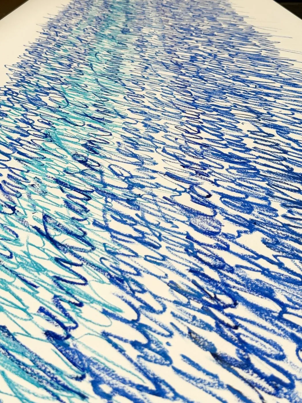 Written Landscapes: lines of blue handwriting in pastel stretching across paper