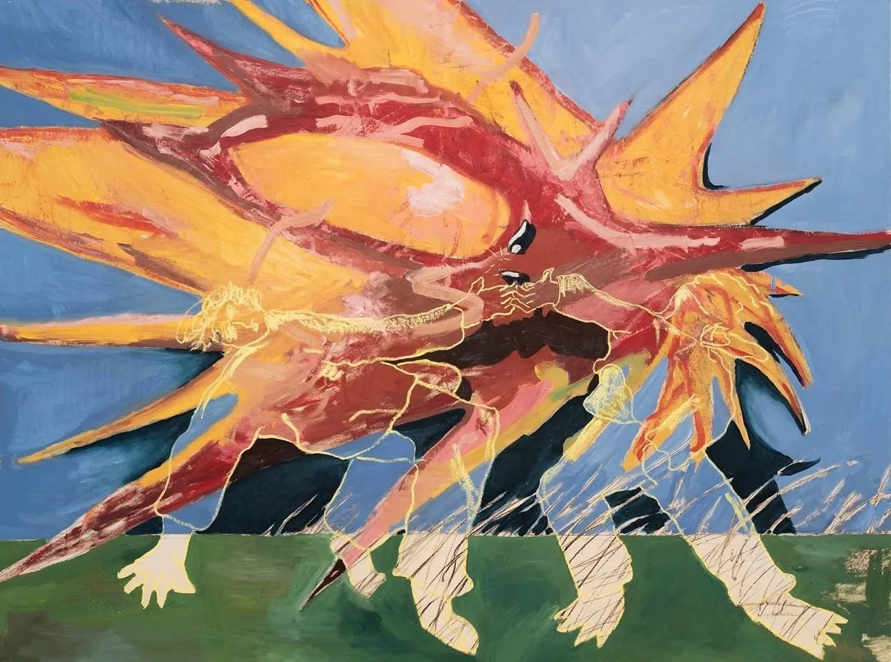 Painting by Alexander Koch: a burst of orange and red forms with figures over a green field