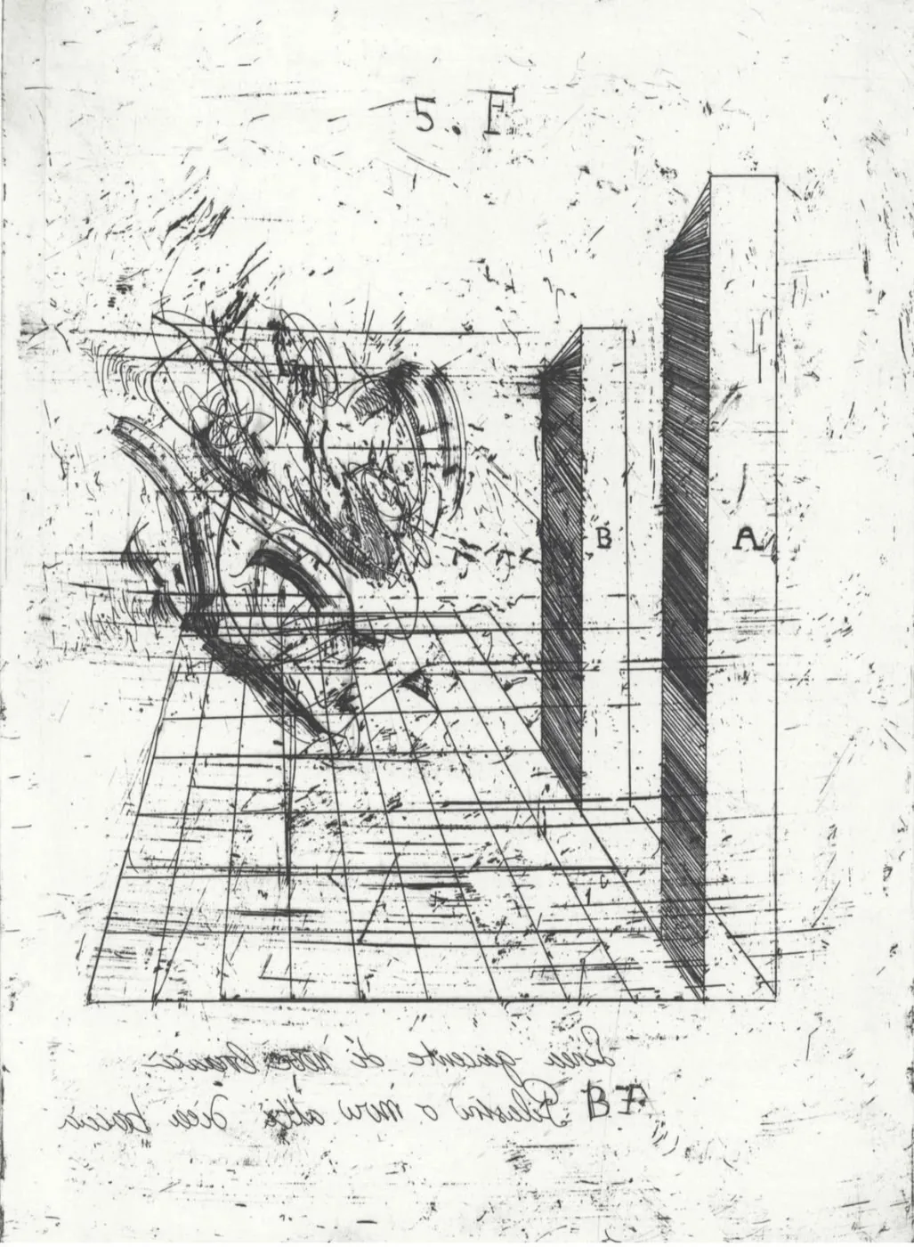 Etching by Mehrdad Khataei: a swirling form beside two upright slabs on a gridded floor